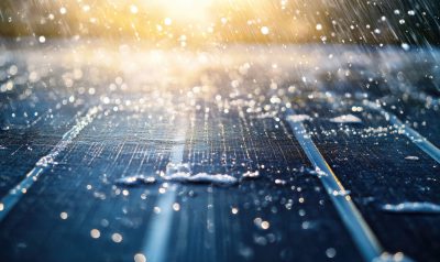 The front surface of a photovoltaic solar cell panel is seen wet with water and soap bubbles during the cleaning process, optimizing the solar panel s efficiency. Soft focus highlights the details.